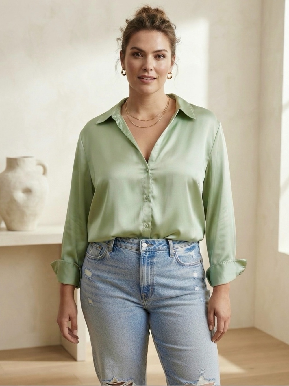 H&M Sage Green Satin Button-Down Long Sleeve Blouse Top Plus Size XXL